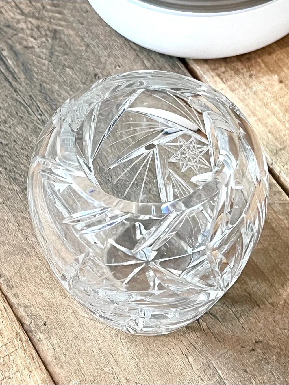 Vintage Hand Cut Lead Crystal Rose Bowl Vase Pinwheel Starburst Heavy